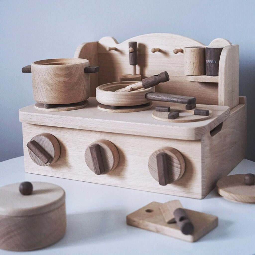 Natural Wooden Play Kitchen Stove Set - Montessori Toddler Pretend Cooking Toy with Cookware-5